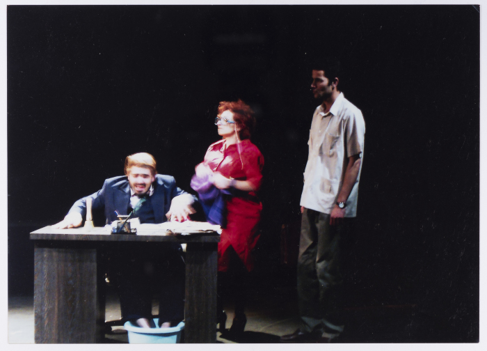 A Photograph of Amer Hlehel, Hanan Hillu, and Saleh Bakry during the Theatrical Performance of 