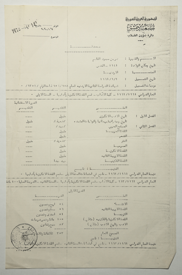 The 1st Year Academic Results for Omar al-Qasim, Damascus University, 14 September 1965
