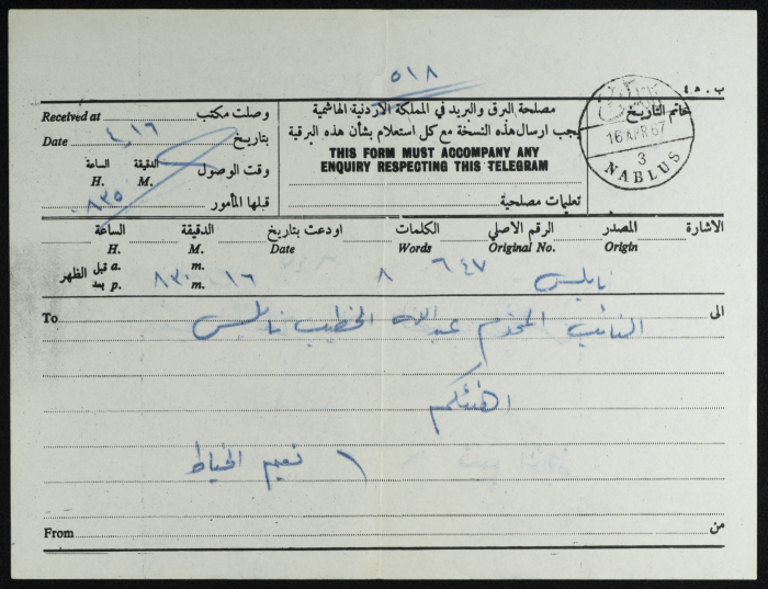 A Telegram from Naʿim al-Khayat to ʿabdallah al-Khatib
