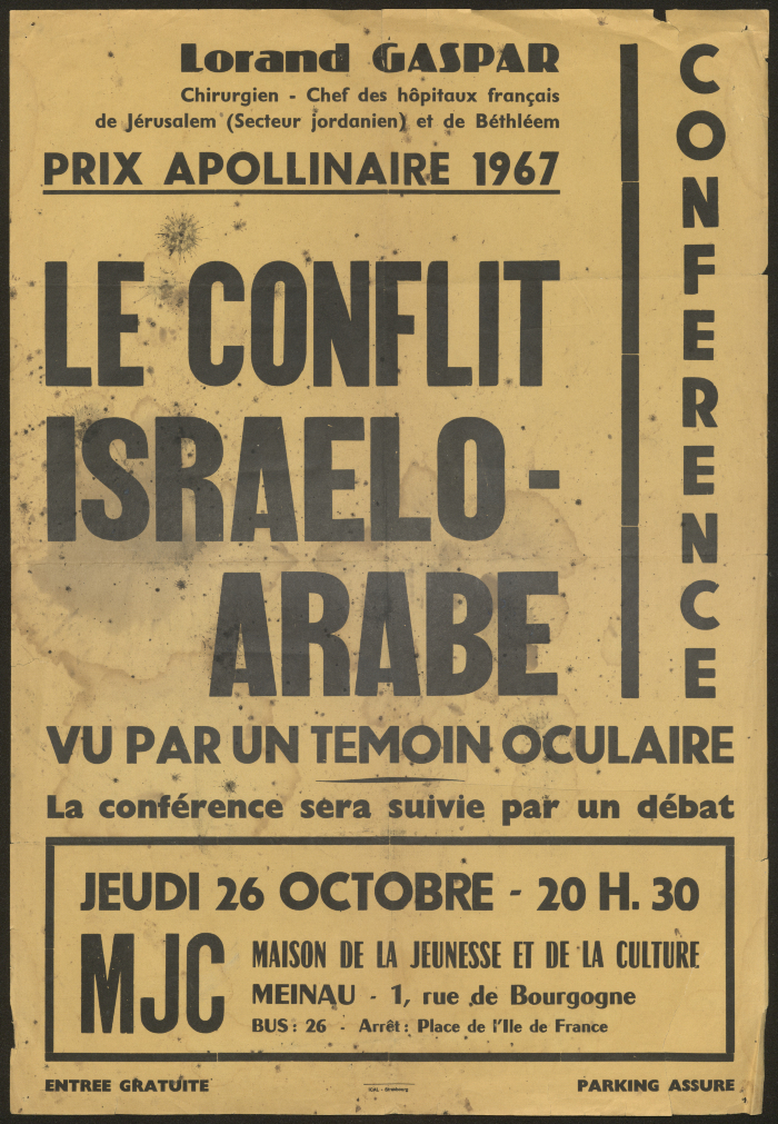 بوستر لمحاضرة عن الصراع العربي الاسرائيلي بعد عام 1967 في فرنسا