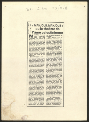 "Mahjoub, Mahjoub or the Theatre of the Palestinian Soul", a Newspaper Clipping from Midi Libre, September 29 1981
