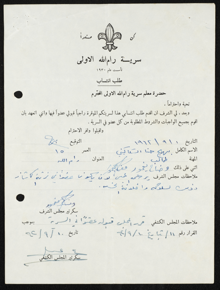 Bahij as-Sakakiny's Membership Application for Sareyyet Ramallah,1962