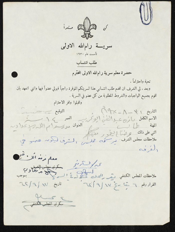 Mazen ʿabdul-Ghany's Membership Application for Sareyyet Ramallah,1962