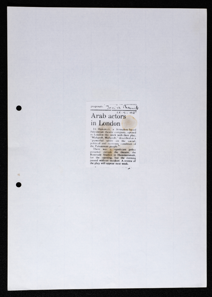 A Newspaper Clipping, "Arab Actors in London", 1981