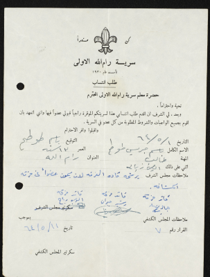 طلب انتساب الى سرية رام الله الاولى عام 1964