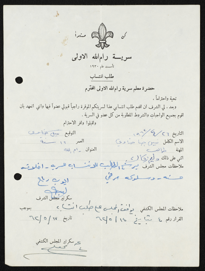 Nabil Hinnawy's Membership Application for Sareyyet Ramallah,1962