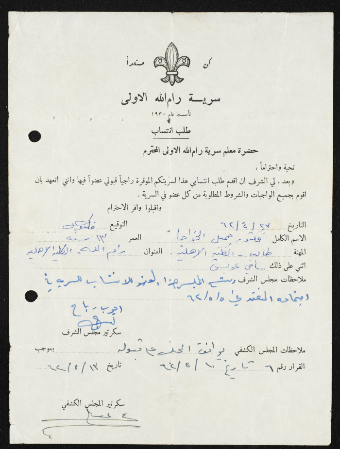 Victor al-Khawaja's Membership Application for Sareyyet Ramallah,1962