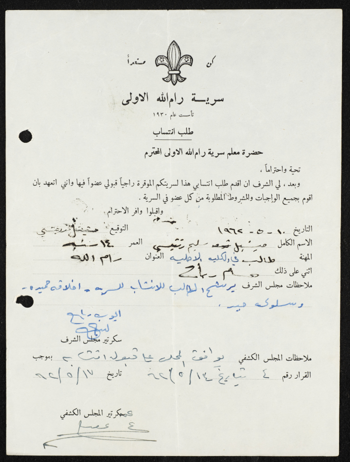 Michel Rantisy's Membership Application for Sareyyet Ramallah,1962