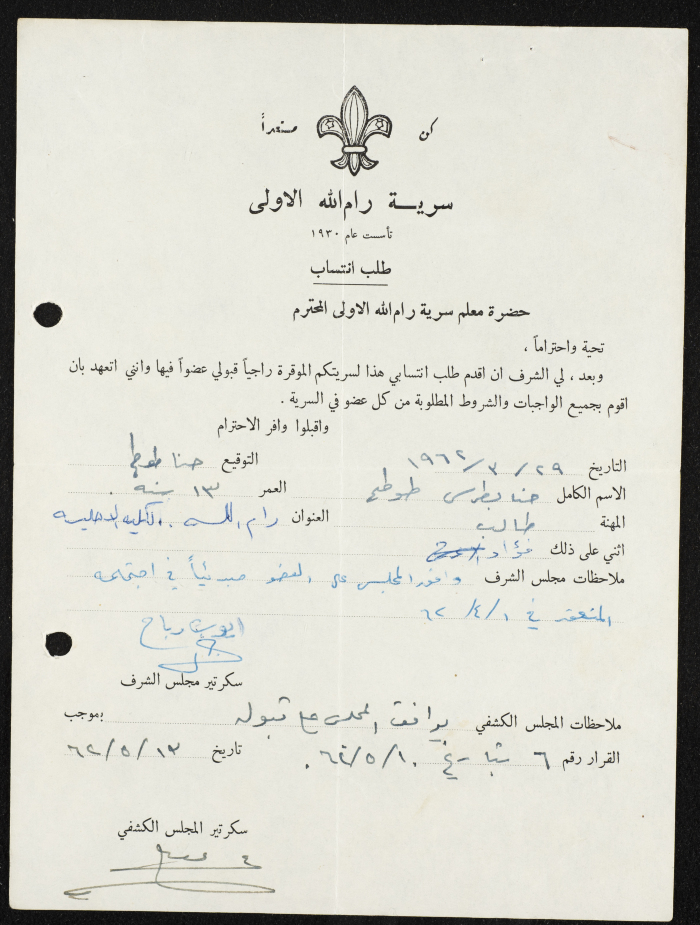 Hanna Butrus' Membership Application for Sareyyet Ramallah,1962
