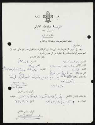 طلب انتساب الى سرية رام الله الاولى عام 1963