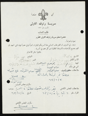 طلب انتساب الى سرية رام الله الاولى عام 1963