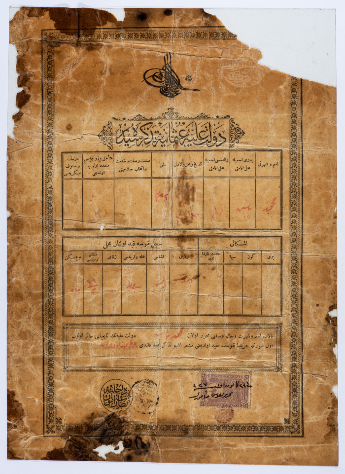 Muhammad Yasin Hiwwary's Ottoman Birth Certificate Issued by the Nablus Civil Status and Registration Office on 23 January 1910 