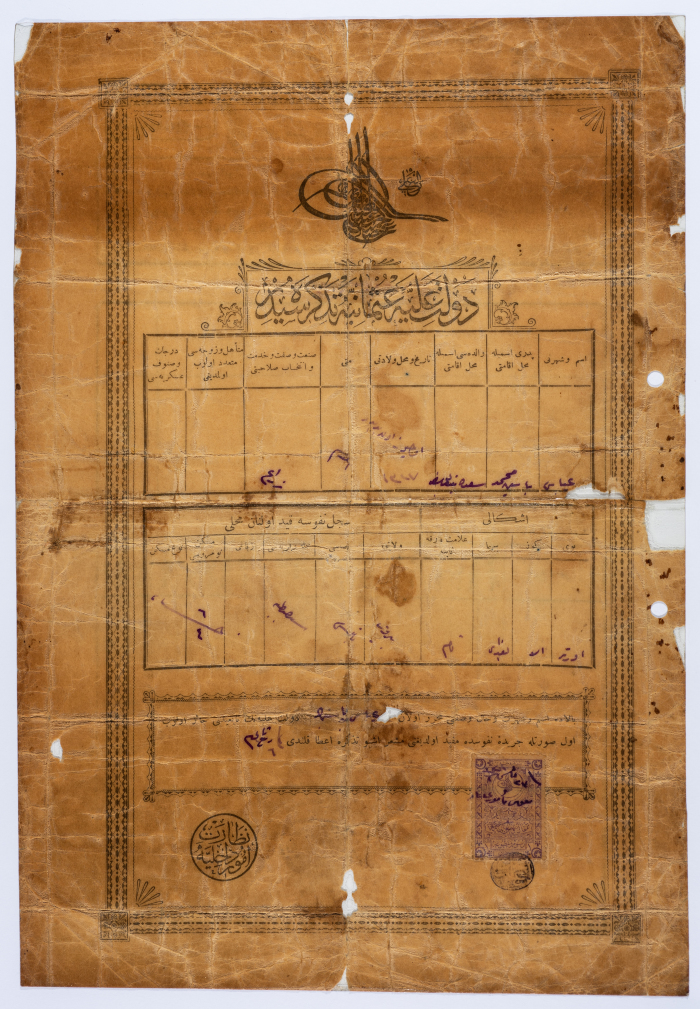 Abbas Yasin Muhammad Hiwwary's Ottoman Birth Certificate Issued by the Nablus Civil Status and Registration Office on 9 June 1905