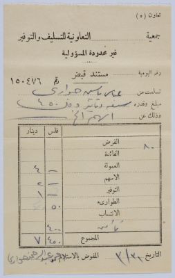 A Receipt Issued by Sebastia Savings and Credit Cooperative Society for Installments Paid in by ʿabbas Hiwwary	