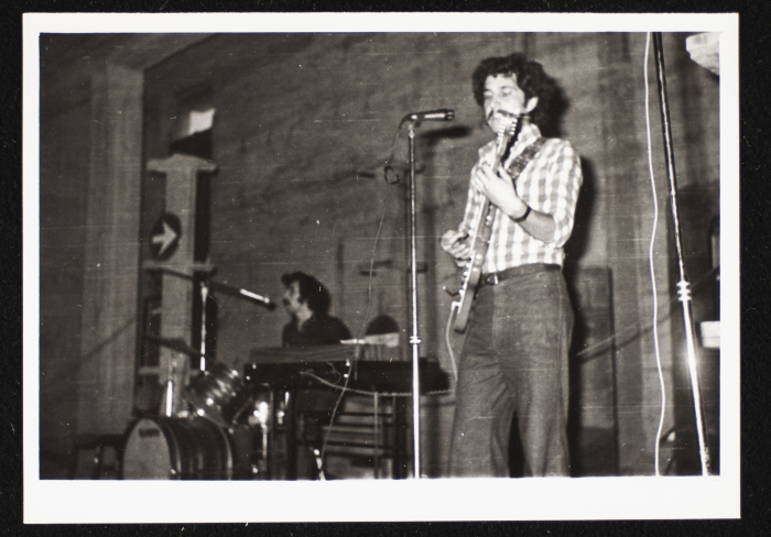 A Photograph of Emile Ashrawi and Goerge Qurmuz at a show for Al-Bara'em  (The Blooms) in Ramallah 