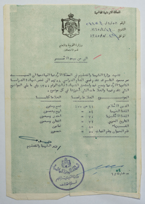 رسالة من قسم الامتحانات في وزارة التربية والتعليم، عمان، 14 أيلول 1965