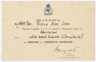 A Certificate Issued by the TJFF to Sudqi Deeb, 1930-40
