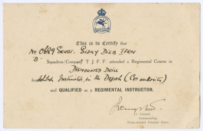 A Certificate Issued by the TJFF to Sudqi Deeb, 1930-40