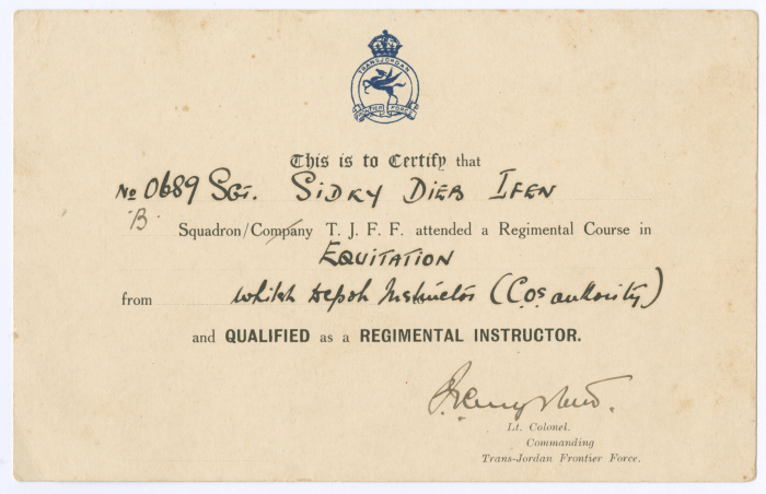 A Certificate Issued by the TJFF to Sudqi Deeb, 1930-40