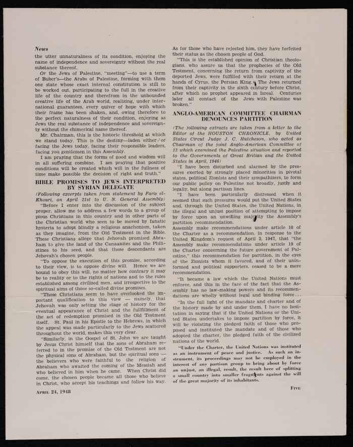 The Arab News Bulletin Issued by the Arab Society in Wahington, April 1948