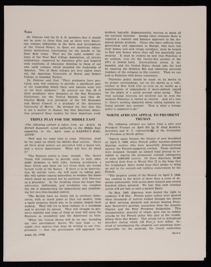 The Arab News Bulletin Issued by the Arab Society in Wahington, April 1948