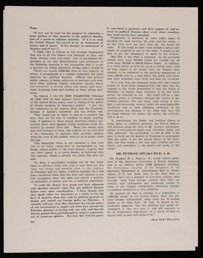 The Arab News Bulletin Issued by the Arab Society in Wahington, April 1948