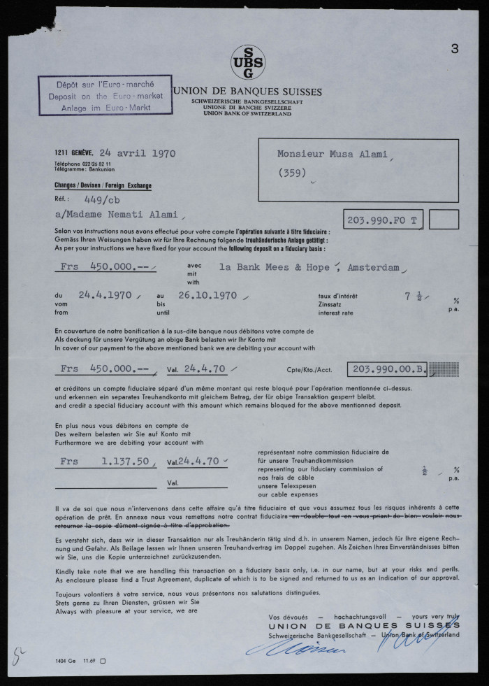 A Contract between Musa al-ʿalamy and the Swiss Bank 