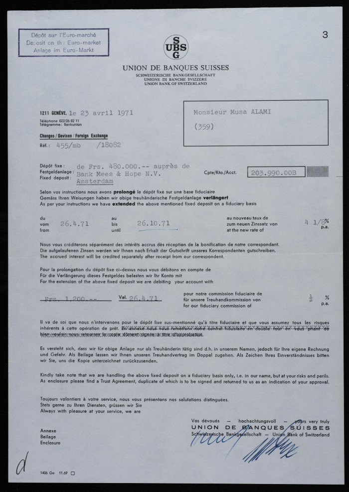 A Contract between Musa al-ʿalamy and the Swiss Bank 