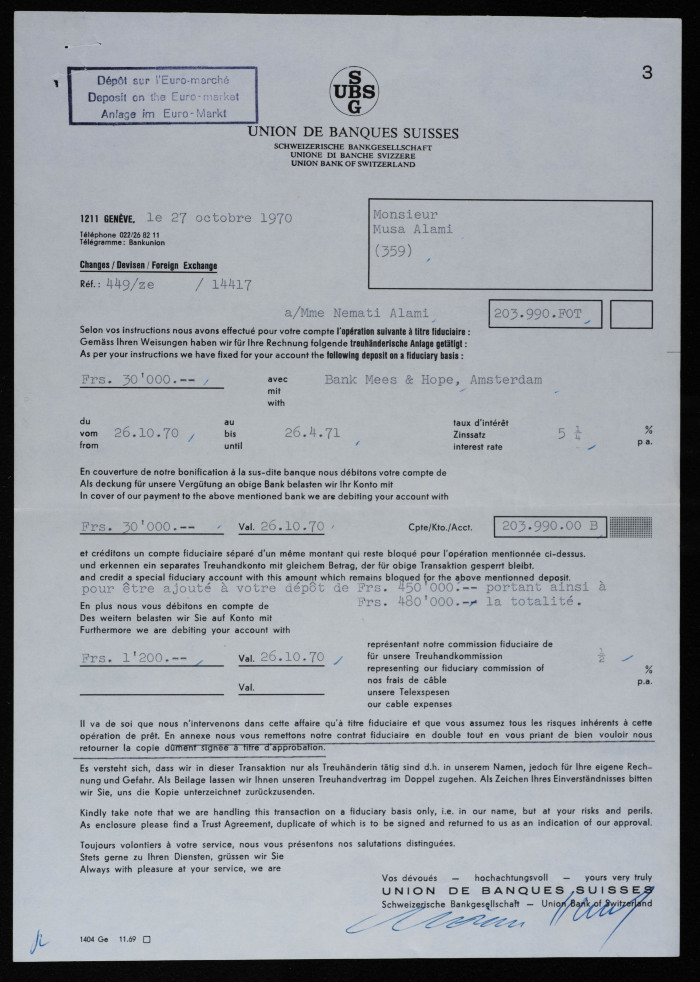 A Contract between Musa al-ʿalamy and the Swiss Bank 