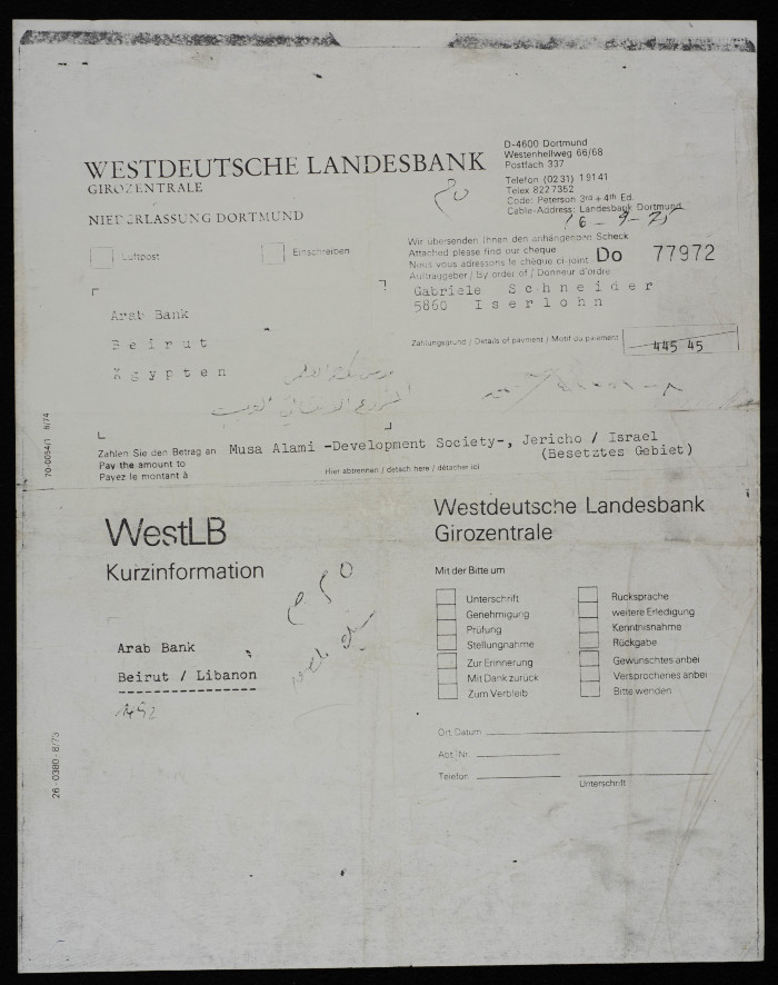 A Cheque from the Bank of West Germany to the Arab Development Project, 1970-80 