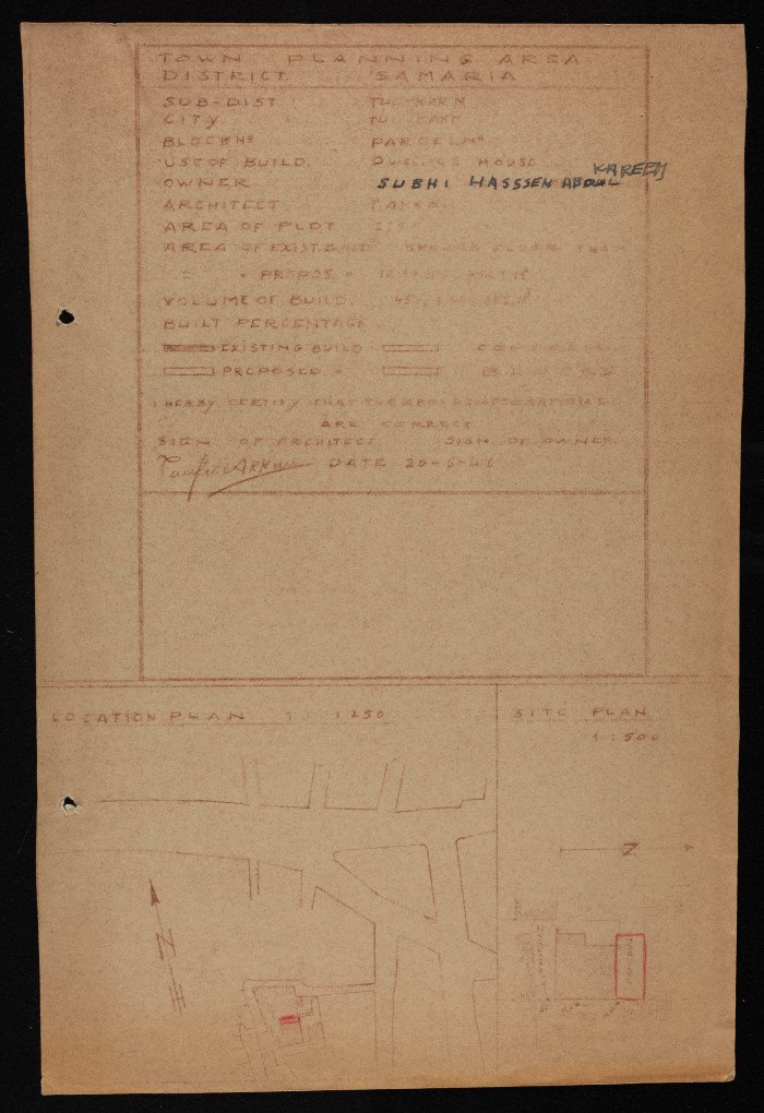ملف مخطط بناء لصبحي حسن عبد الكريم صادرعن بلدية طولكرم عام 1946