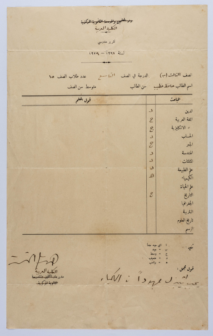رسالة من مدير الكلية العربية إلى حافظ الخطيب 
