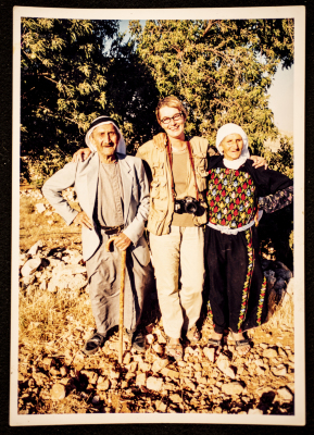 Hajja Fatemah Sanad and Hajj Khalil Audeh, with Mia, a Journalist. 