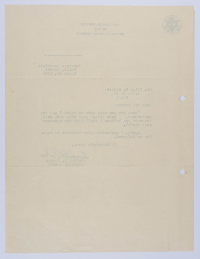 A Thank-You Letter from the US Consul to Elyas Kusa, 1956 