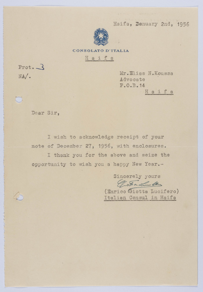 "Appreciation and Greetings", a Letter from the Italian Consul to Elyas Kusa, 1956