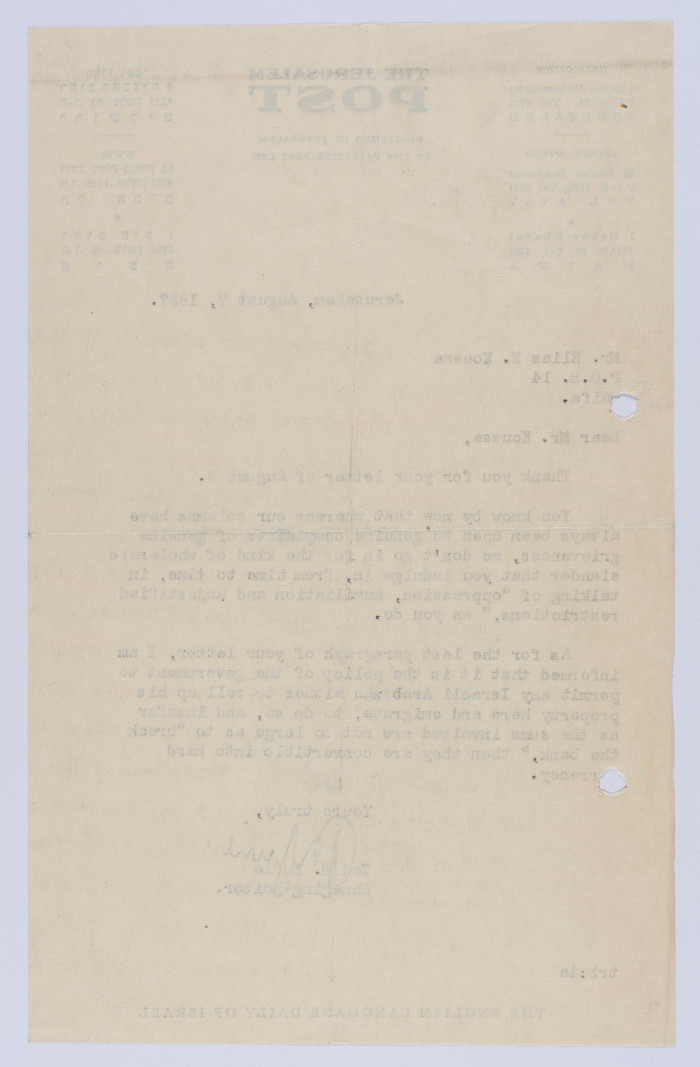 A Letter from the Managing Editor at the Jerusalem Post to Elyas Kusa, 1957