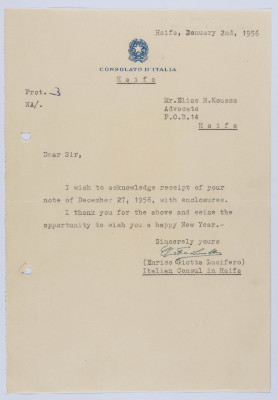 "Appreciation and Greetings", a Letter from the Italian Consul to Elyas Kusa, 1956