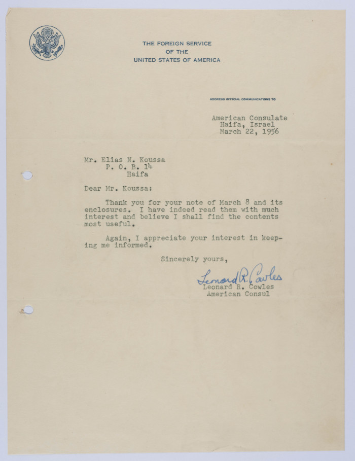 A Thank-You Letter from the US Consul to Elyas Kusa, 1956 