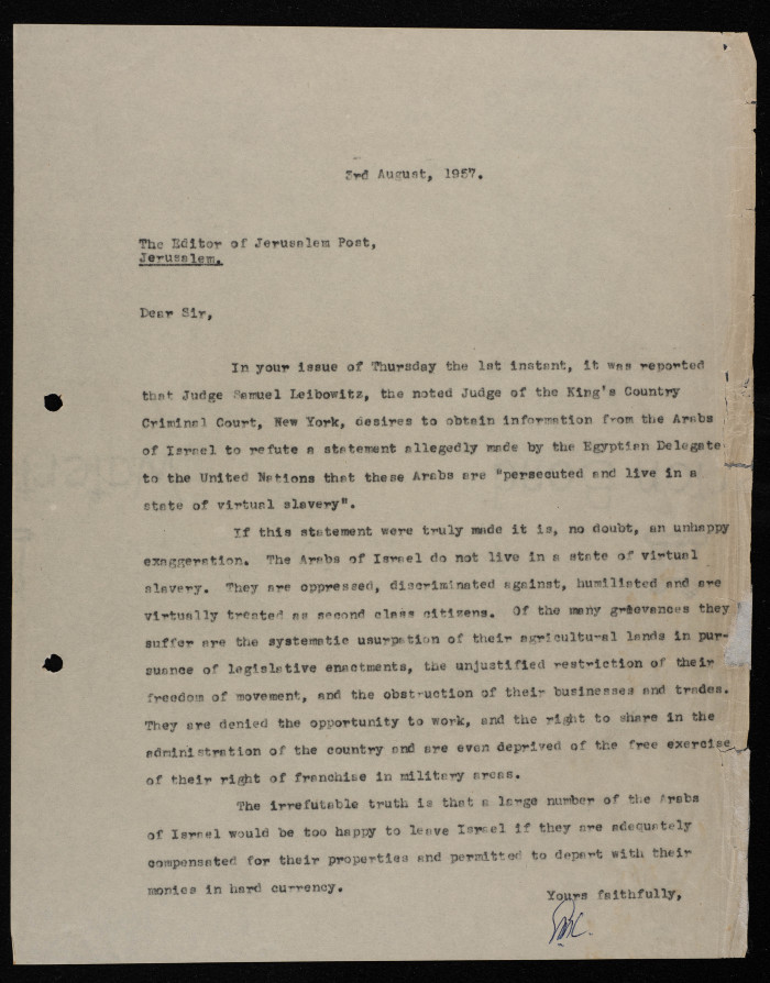 A Letter to the Jerusalem Post Editor, August 1957
