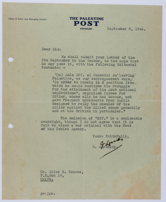 A Letter to Elias Koussa from G. Agronsky, 8 September 1946