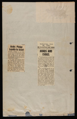 "Arabs and Israel", "Arabs Pledge Loyalty to Israel", Paper Clippings, The Jerusalem Post, 1948 