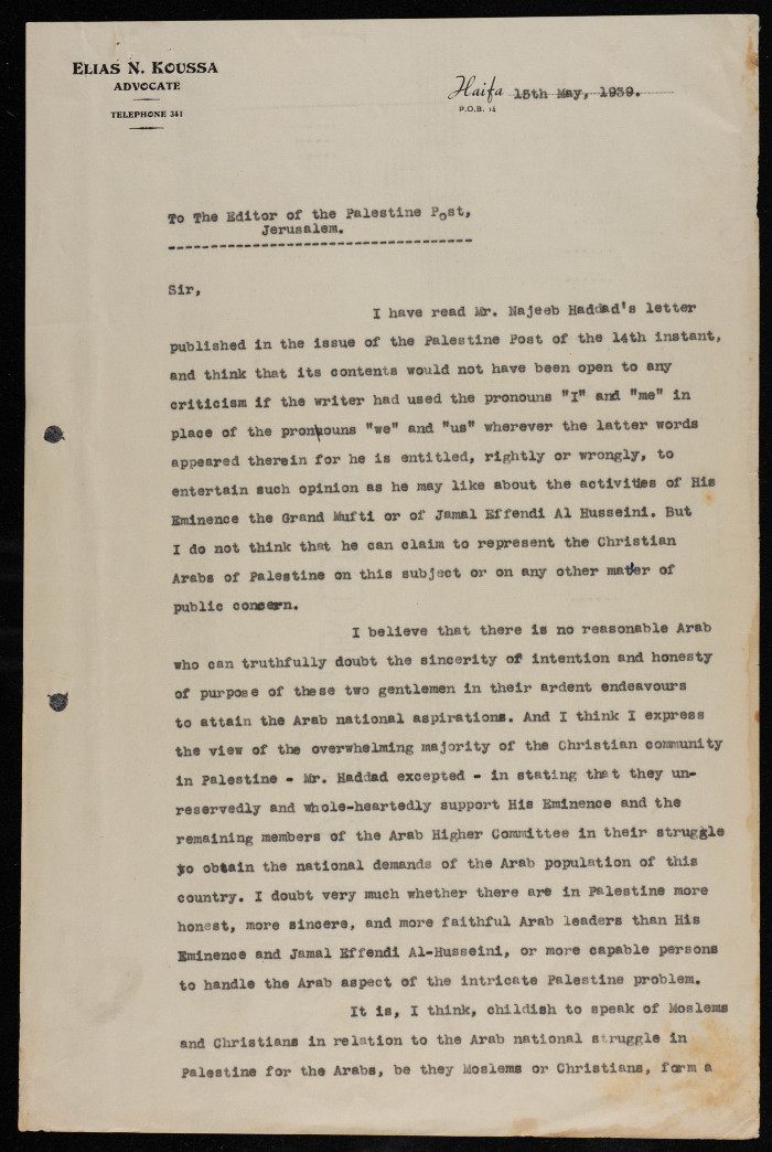 رسالة من إلياس كوسا إلى محرر صحيفة بوست فلسطين، 1939