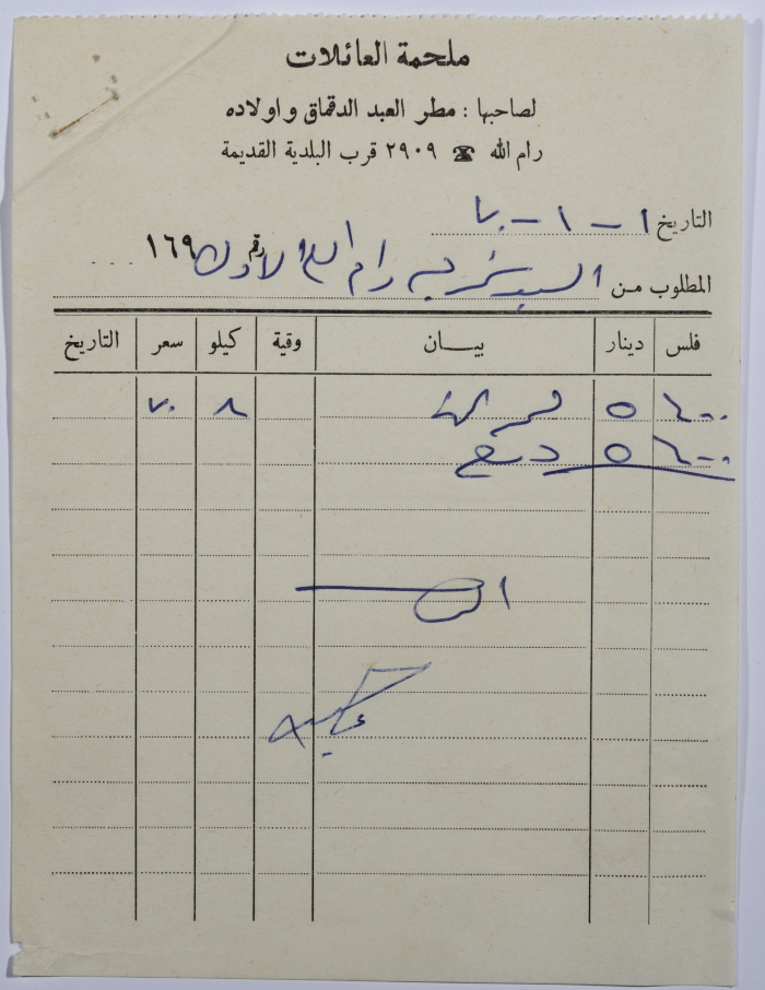 An Invoice from Al-ʿaʾilat Butchery Showing Payment Required from Sareyyet Ramallah 
