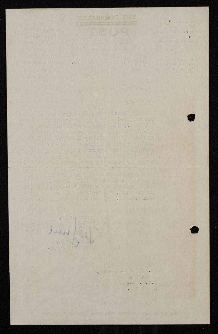 A Letter from the Jerusalem Post Managing Editor to Elyas Kusa, 1950
