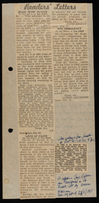 ""رسائل القراء: "مأزق  يهود العراق" ديمقراطيتنا"، قصاصة من جريدة، جيروسالم بوست، 1940 - 1950 