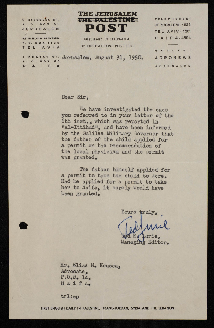 A Letter from the Jerusalem Post Managing Editor to Elyas Kusa, 1950