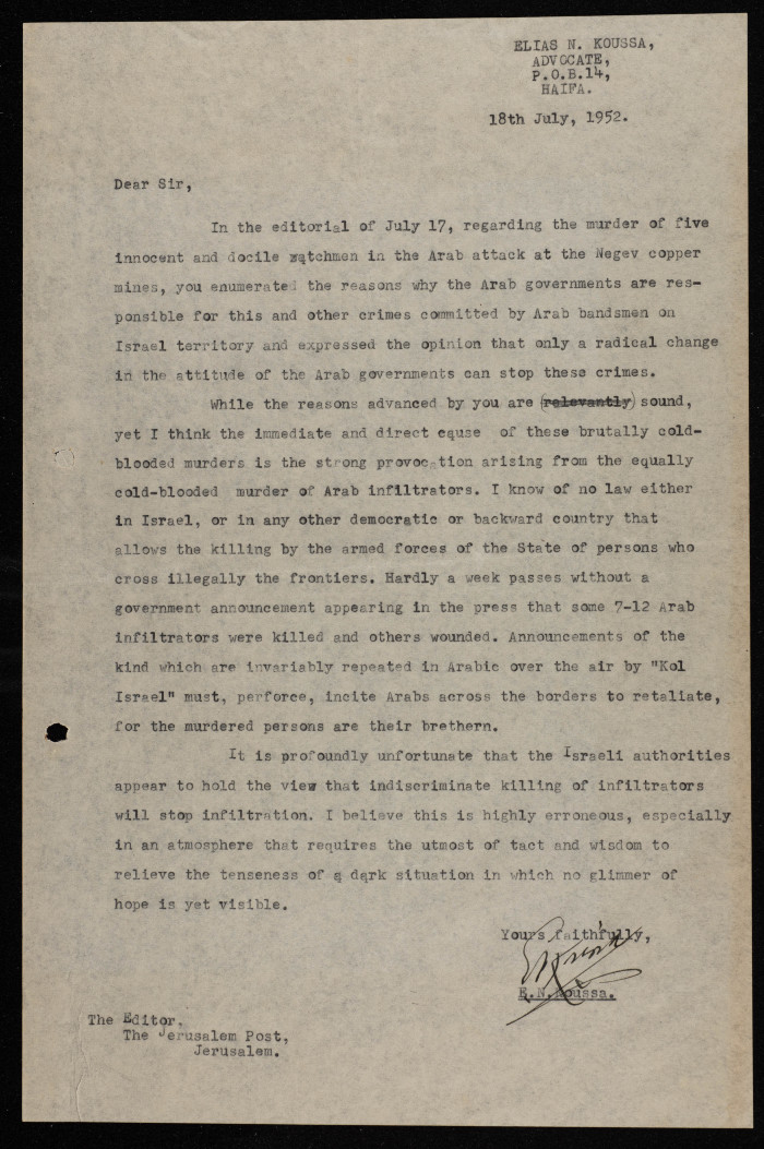 A Letter by Ilyas Kusa to the Editor of the Jerusalem Post, July 1952