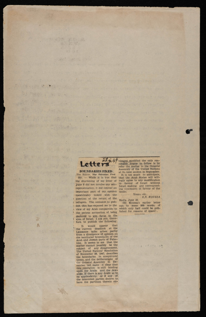 A Formal Letter Addressed by Ilyas Kusa to the Editor of the Jerusalem Post, 1949