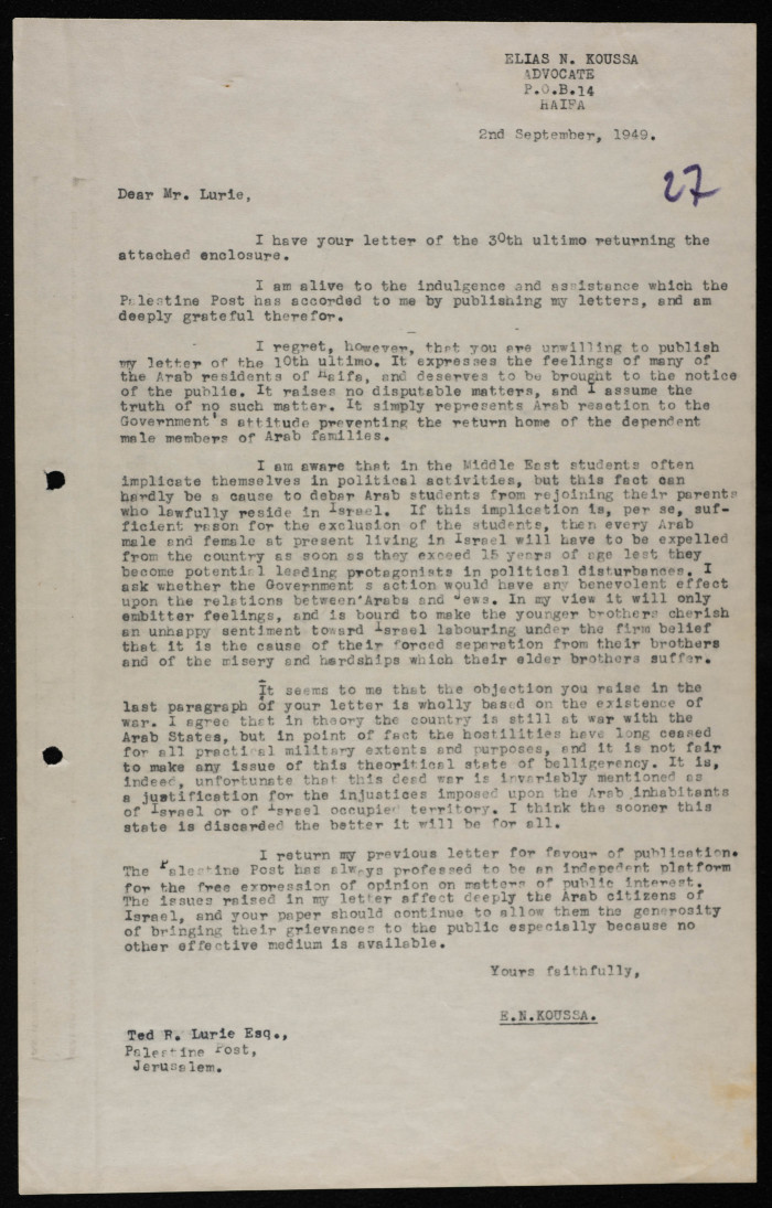 A Formal Letter by Ilyas Kusa to the Editor of the Jerusalem Post, 1949