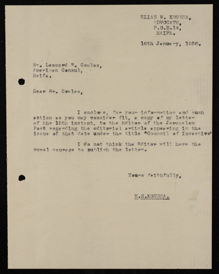 A Letter by Elyas Kusa to the American Consul, January 1956